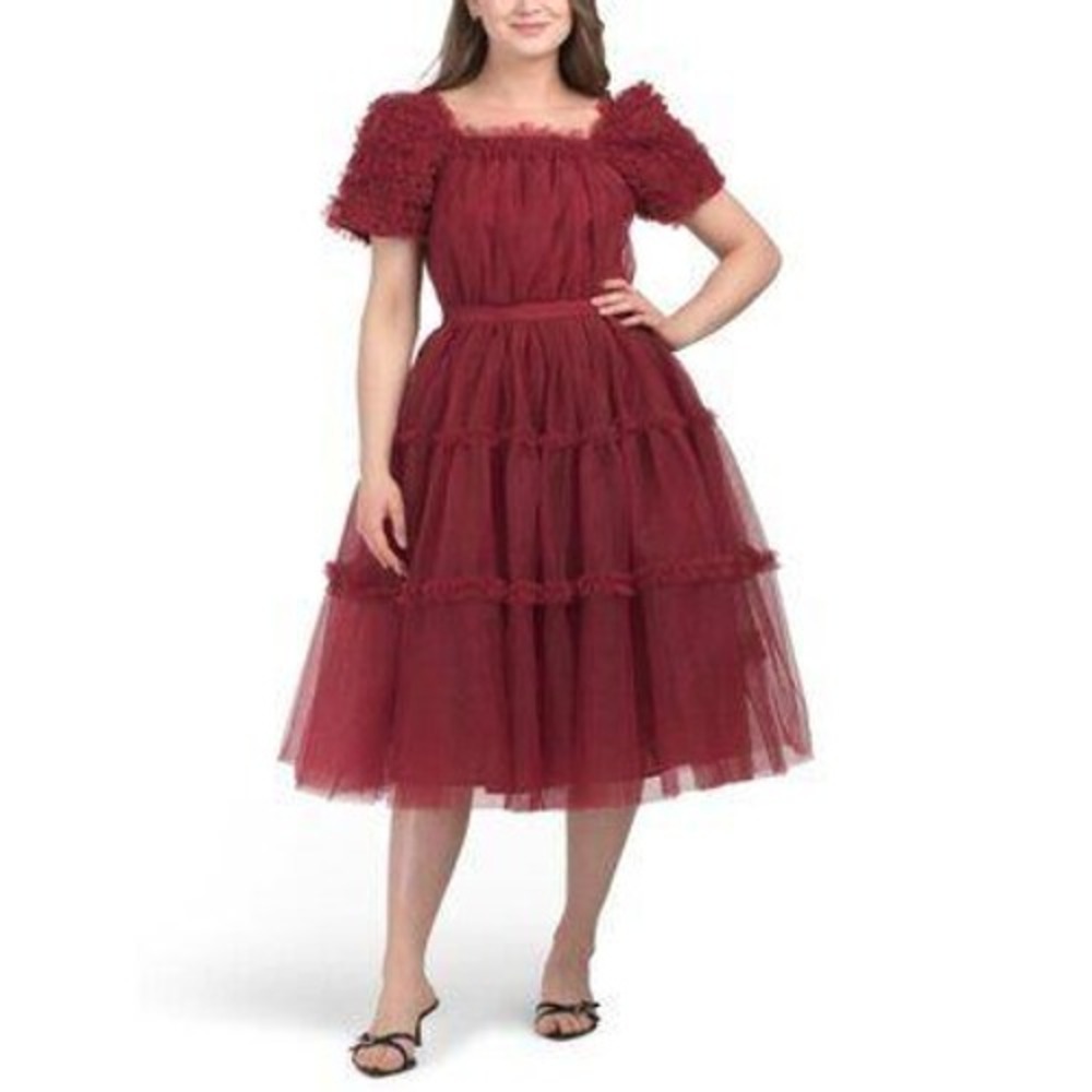 Ivy City Co Eclair Dress Red Tulle Ruffle Tiered Midi Size 16